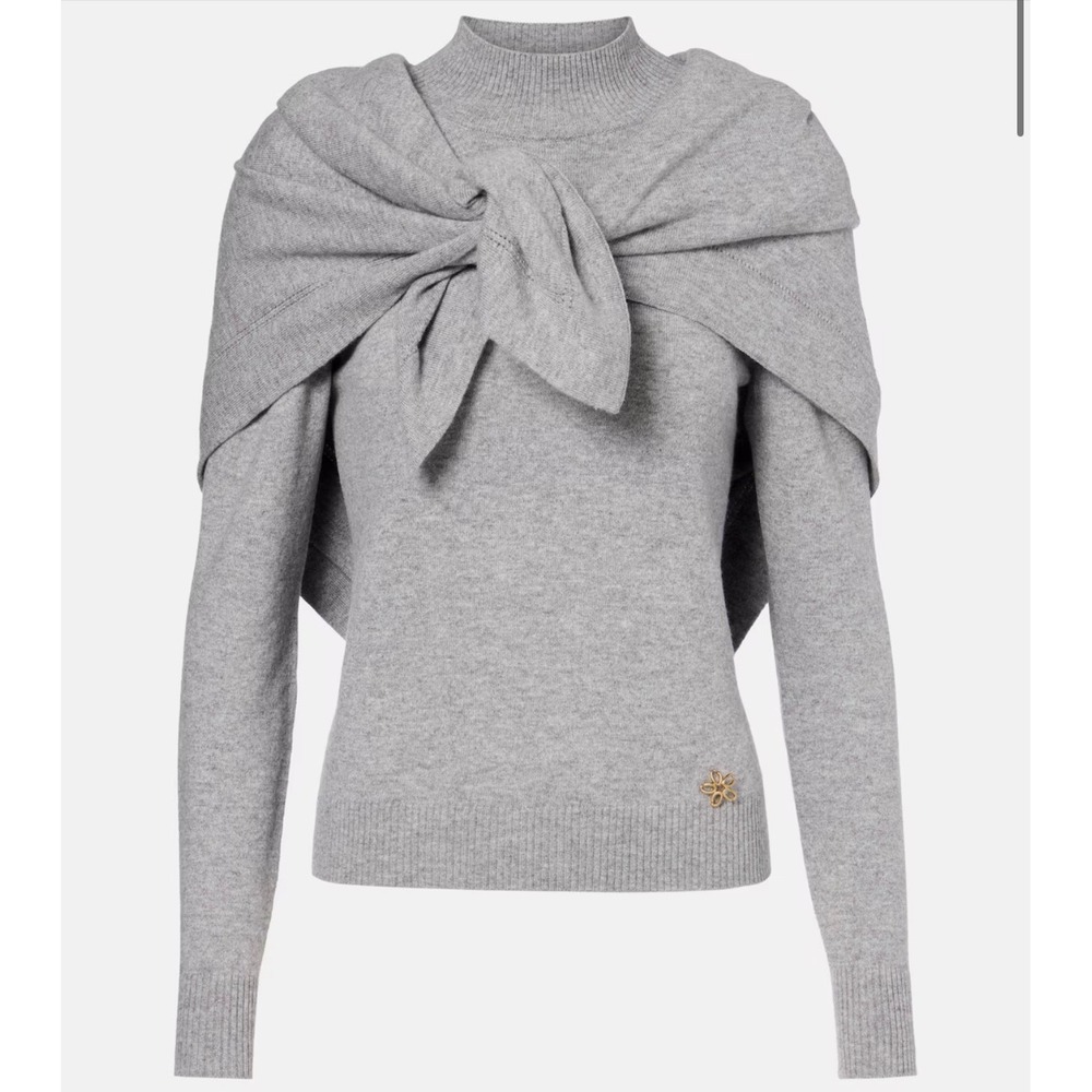 OSCAR DE LA RENTA Scarf-Detailed 100% Cashmere Sweater Gray Size S Made Italy